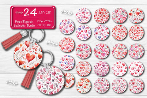 Valentine Round Keychain Bundle Keychain PNG Sublimation Bundle Watercolor Hearts Sublimation Createya Design 