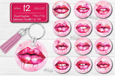 Valentine Round Keychain Bundle Keychain PNG Sublimation Bundle Watercolor Pink lips Sublimation Createya Design 