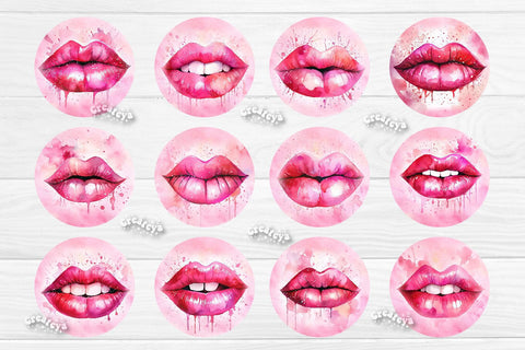 Valentine Round Keychain Bundle Keychain PNG Sublimation Bundle Watercolor Pink lips Sublimation Createya Design 