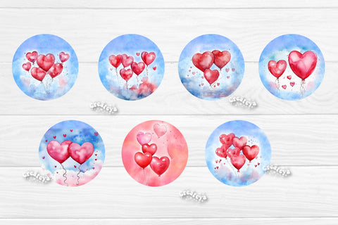 Valentine Round Keychain Bundle Keychain PNG Sublimation Bundle Watercolor red balloons Sublimation Createya Design 