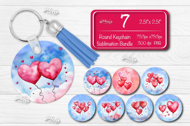 Valentine Round Keychain Bundle Keychain PNG Sublimation Bundle Watercolor red balloons Sublimation Createya Design 