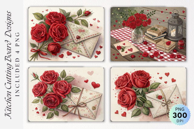 Valentine s Elegance with Red Roses Vintage Envelope and Hearts Cutting Board Sublimation Regulrcrative 