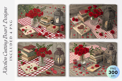 Valentine s Flat Lay with Rustic Decor, Roses and Tiny Red Hearts on Cutting Board Sublimation Regulrcrative 