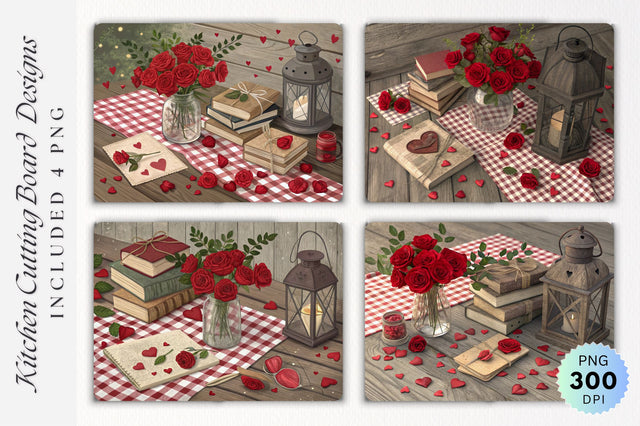 Valentine s Flat Lay with Rustic Decor, Roses and Tiny Red Hearts on Cutting Board Sublimation Regulrcrative 
