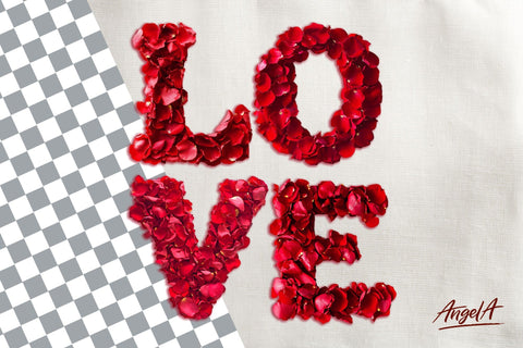 Valentine sayings, rose petals PNG, valentine font Love word Sublimation Angelina Semenova 