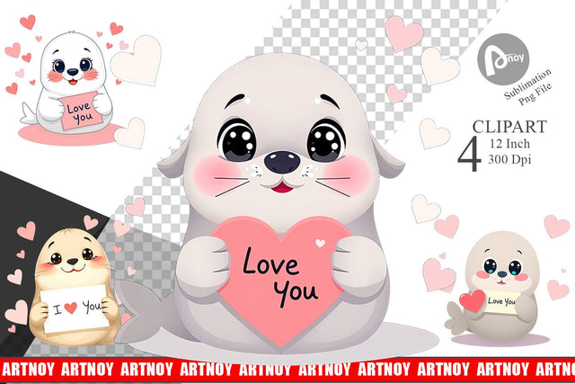 Valentine Seal Cartoon Clipart Sublimation artnoy 