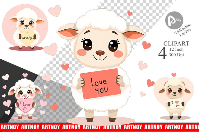 Valentine Sheep Cartoon Clipart Sublimation artnoy 