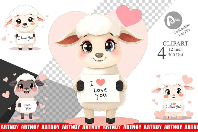 Valentine Sheep Cartoon Clipart Sublimation artnoy 