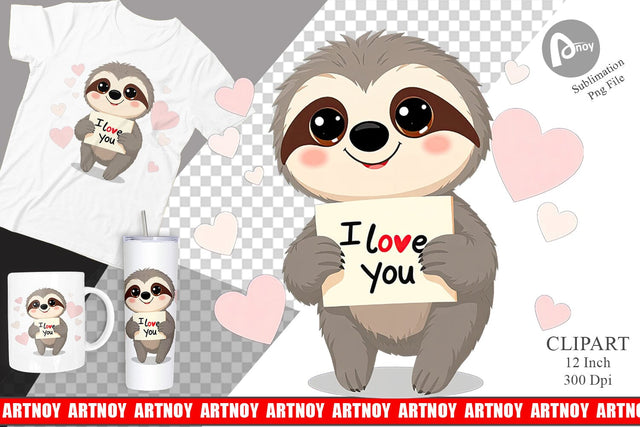 Valentine Sloth Cartoon Clipart Sublimation artnoy 