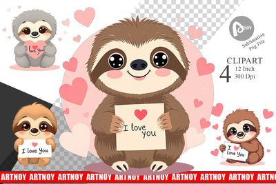 Valentine Sloth Cartoon Clipart Sublimation artnoy 