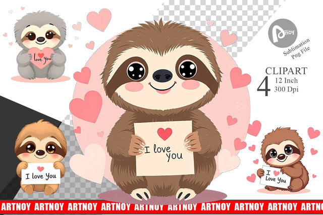Valentine Sloth Cartoon Clipart Sublimation artnoy 
