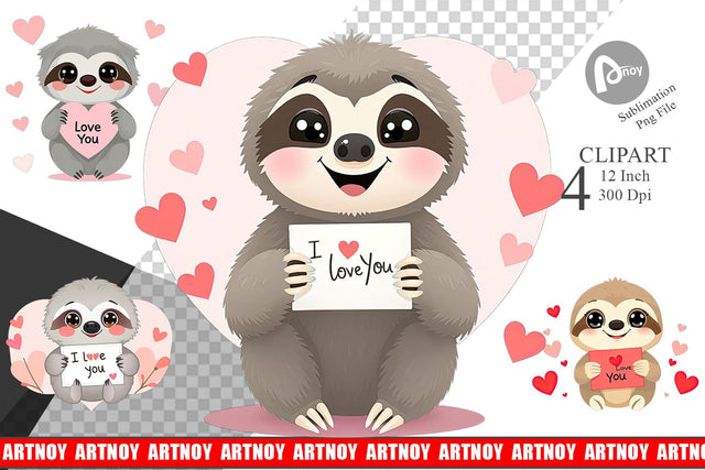 Valentine Sloth Cartoon Clipart Sublimation artnoy 