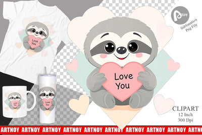 Valentine Sloth Cartoon Clipart Sublimation artnoy 