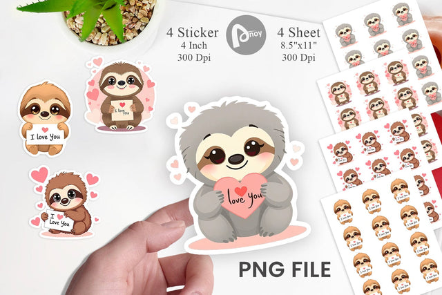 Valentine Sloth Cartoon Sticker Sublimation artnoy 