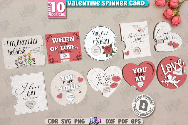 Valentine Spinner Cards Laser Cut Bundle | Valentine’s Day Greeting Cards | Happy Valentine’s Day | Cute Design | Love Day | Glowforge File | Holidays Gift | Valentine’s Gift Idea | CNC Files SVG The T Store Design 