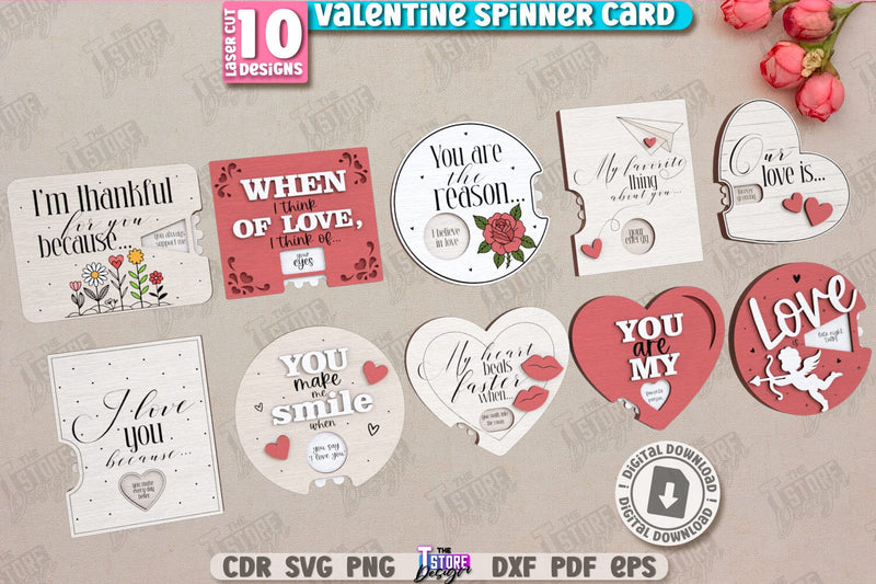 Valentine Spinner Cards Laser Cut Bundle | Valentine’s Day Greeting Cards | Happy Valentine’s Day | Cute Design | Love Day | Glowforge File | Holidays Gift | Valentine’s Gift Idea | CNC Files SVG The T Store Design 