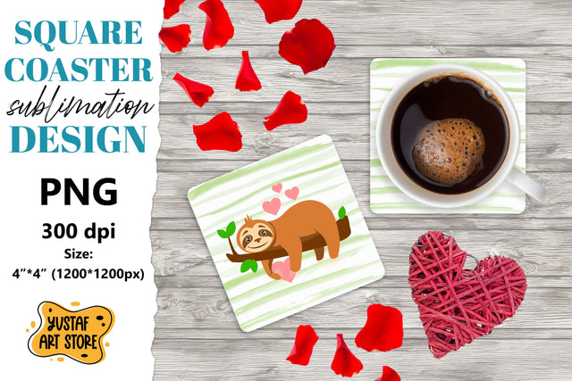 Valentine square coaster design. Cute sloth coaster PNG Sublimation Yustaf Art Store 