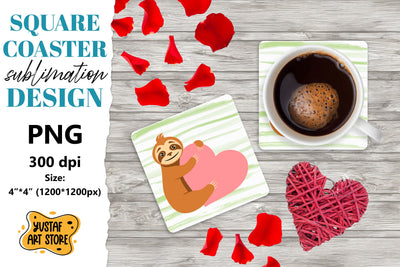Valentine square coaster design. Cute sloth with heart Sublimation Yustaf Art Store 
