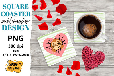Valentine square coaster design. Cute sloth with heart Sublimation Yustaf Art Store 