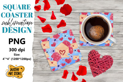 Valentine square coaster design. Envelope flowers coaster Sublimation Yustaf Art Store 