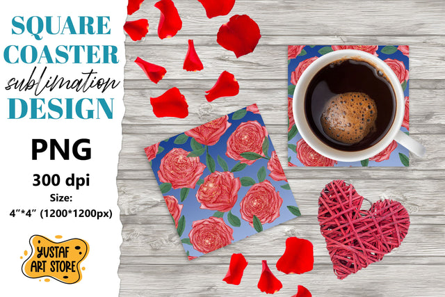 Valentine square coaster design. Rose flowers coaster Sublimation Yustaf Art Store 