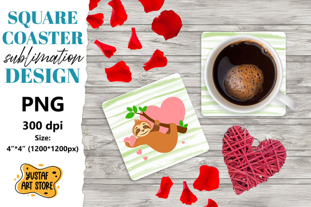 Valentine square coaster design. Sloth with heart coaster Sublimation Yustaf Art Store 