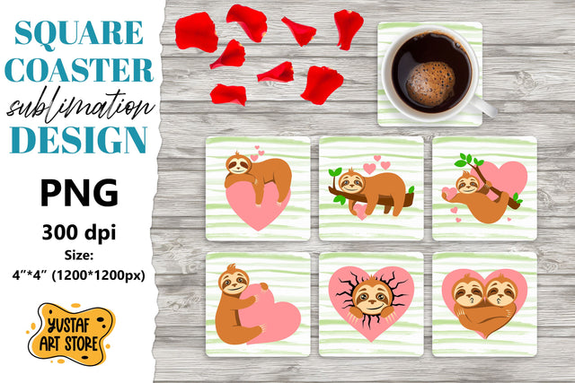Valentine square coaster design. Sloth with heart coaster Sublimation Yustaf Art Store 