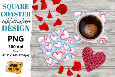 Valentine square coaster design. Watercolor heart coaster Sublimation Yustaf Art Store 