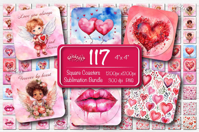 Valentine Square coaster Sublimation Bundle coaster design Love Watercolor flower PNG Square keychain Sublimation Createya Design 