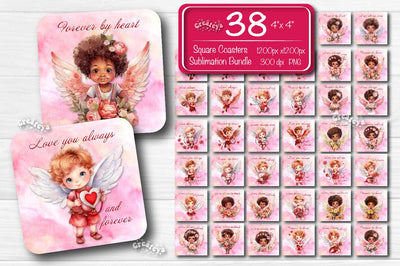 Valentine Square coaster Sublimation Bundle coaster design Watercolor Angel PNG Square keychain Sublimation Createya Design 