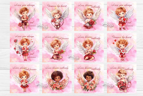 Valentine Square coaster Sublimation Bundle coaster design Watercolor Angel PNG Square keychain Sublimation Createya Design 