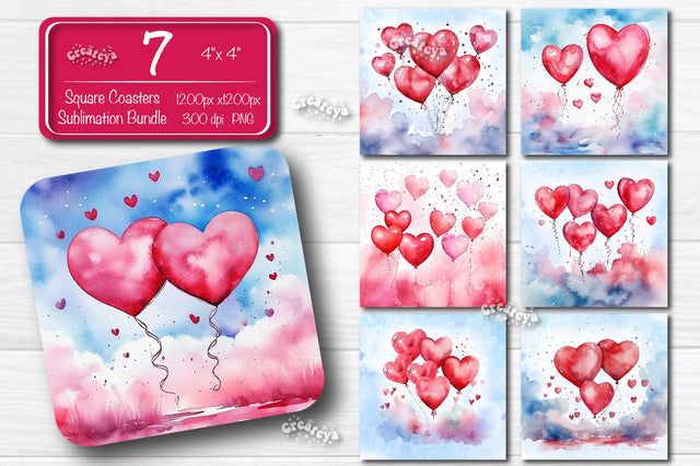 Valentine Square coaster Sublimation Bundle coaster design Watercolor Heart Balloons PNG Square keychain Sublimation Createya Design 