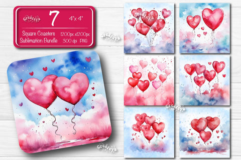 Valentine Square coaster Sublimation Bundle coaster design Watercolor Heart Balloons PNG Square keychain Sublimation Createya Design 
