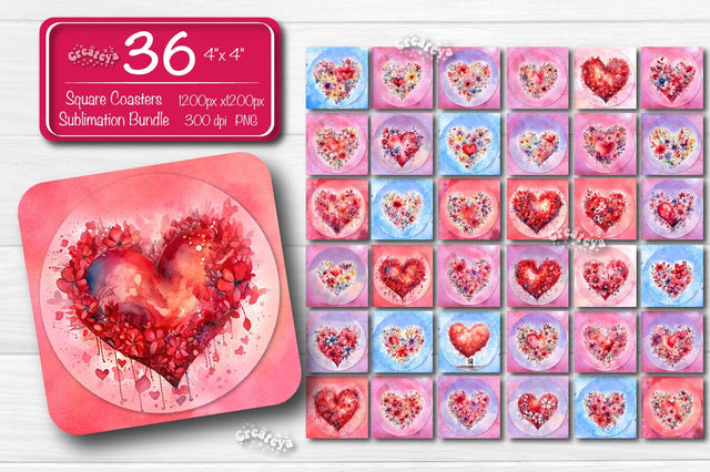 Valentine Square coaster Sublimation Bundle coaster design Watercolor Heart Flowers PNG Square keychain Sublimation Createya Design 