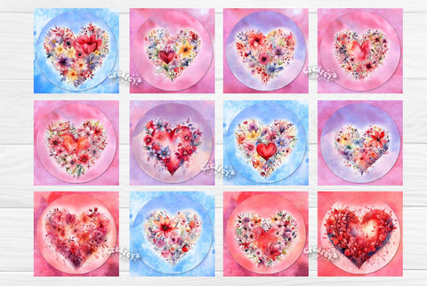Valentine Square coaster Sublimation Bundle coaster design Watercolor Heart Flowers PNG Square keychain Sublimation Createya Design 