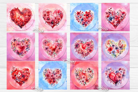 Valentine Square coaster Sublimation Bundle coaster design Watercolor Heart Flowers PNG Square keychain Sublimation Createya Design 