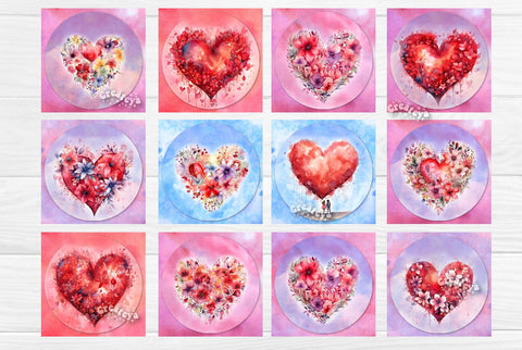 Valentine Square coaster Sublimation Bundle coaster design Watercolor Heart Flowers PNG Square keychain Sublimation Createya Design 