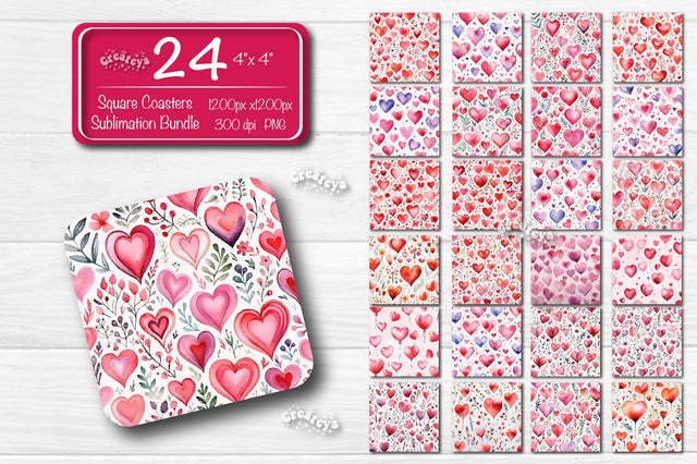 Valentine Square coaster Sublimation Bundle coaster design Watercolor Hearts PNG Square keychain Sublimation Createya Design 
