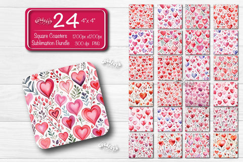 Valentine Square coaster Sublimation Bundle coaster design Watercolor Hearts PNG Square keychain Sublimation Createya Design 