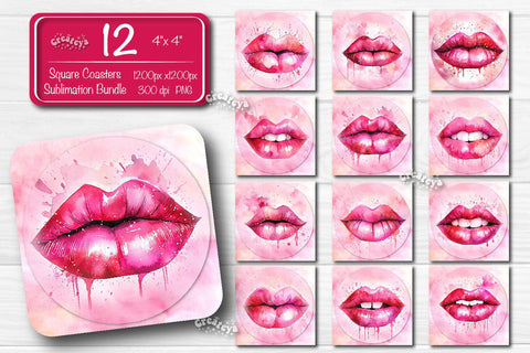 Valentine Square coaster Sublimation Bundle coaster design Watercolor Pink lips PNG Square keychain Sublimation Createya Design 
