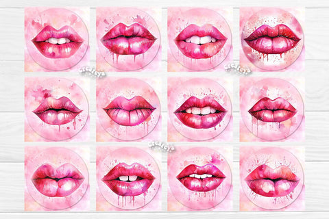 Valentine Square coaster Sublimation Bundle coaster design Watercolor Pink lips PNG Square keychain Sublimation Createya Design 