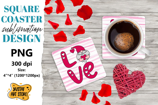 Valentine square coaster. Valentine Gnome sublimation. Sublimation Yustaf Art Store 