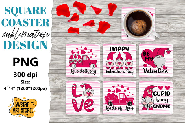 Valentine square coaster. Valentine gnome truck sublimation. Sublimation Yustaf Art Store 