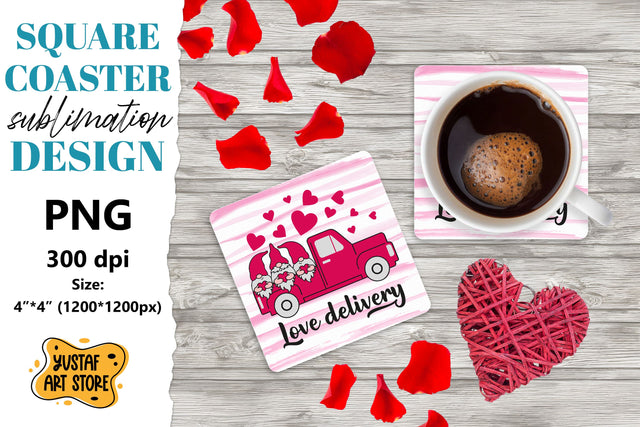 Valentine square coaster. Valentine gnome truck sublimation. Sublimation Yustaf Art Store 