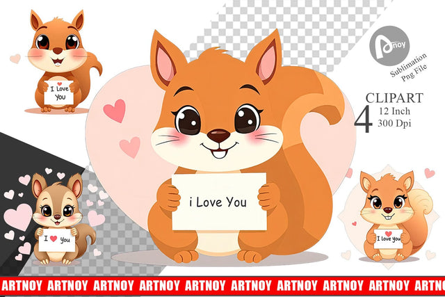 Valentine Squirrel Cartoon Clipart Sublimation artnoy 