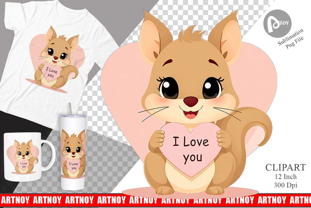 Valentine Squirrel Cartoon Clipart Sublimation artnoy 