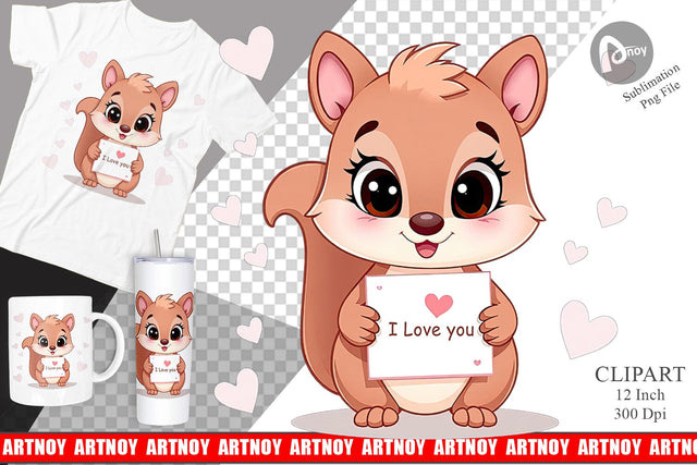 Valentine Squirrel Cartoon Clipart Sublimation artnoy 