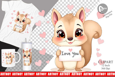Valentine Squirrel Cartoon Clipart Sublimation artnoy 