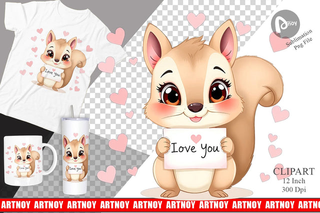Valentine Squirrel Cartoon Clipart Sublimation artnoy 