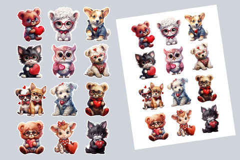 Valentine Stickers - Cute Animals, Printable Sticker Sheet Sublimation OrangeBrushStudio 